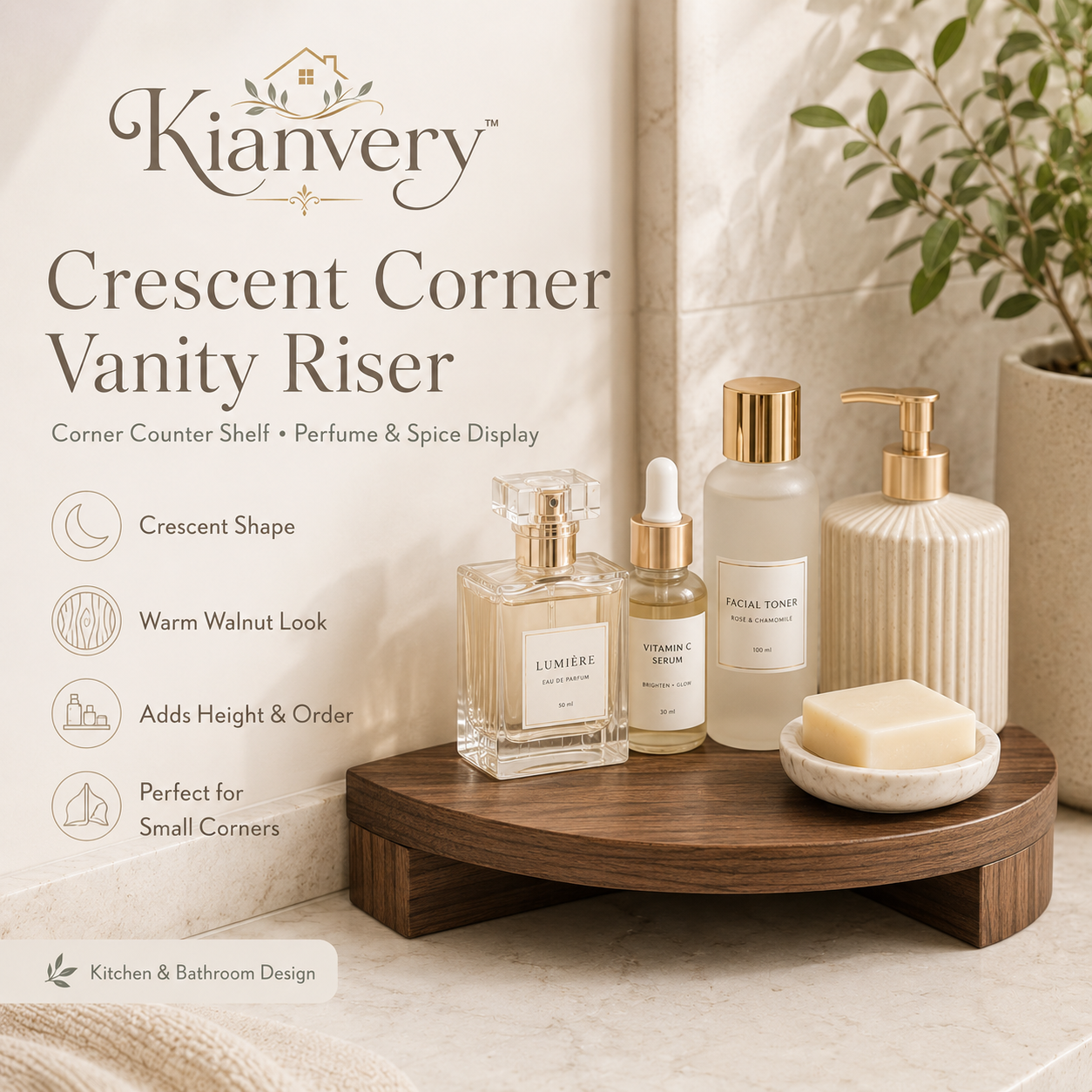 Kianvery™ Crescent Corner Vanity Riser Bathroom Counter Shelf, Kitchen Spice Display Stand, Perfume Organizer, Small Space Tiered Decor, Warm Walnut Look