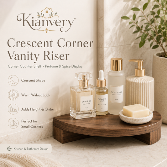 Kianvery™ Crescent Corner Vanity Riser Bathroom Counter Shelf, Kitchen Spice Display Stand, Perfume Organizer, Small Space Tiered Decor, Warm Walnut Look