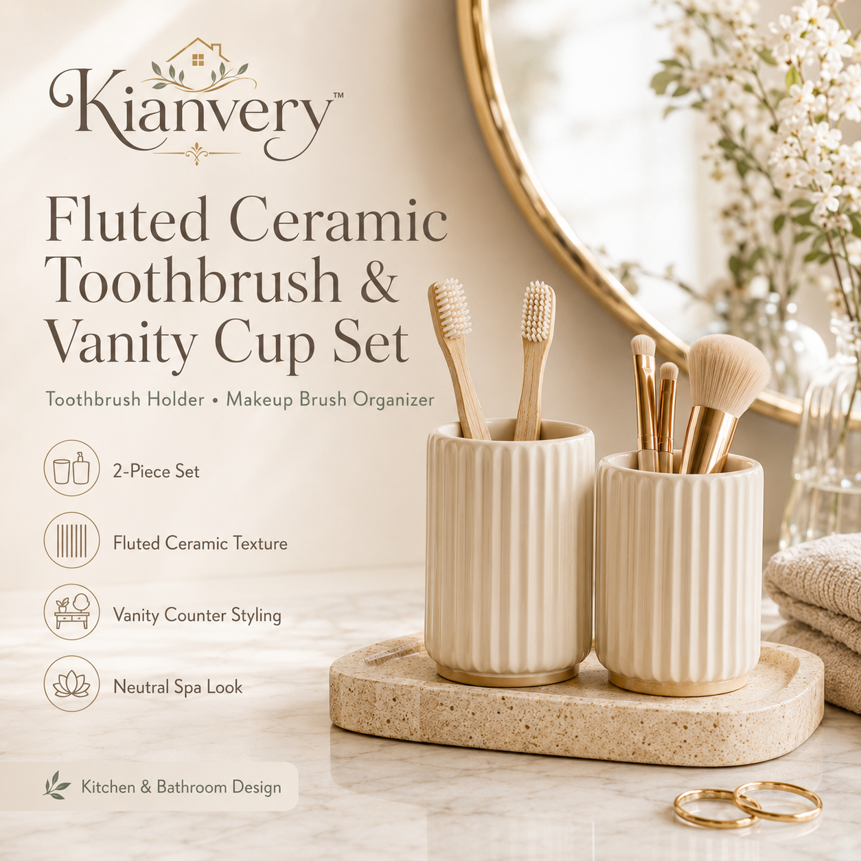 Kianvery™ Fluted Ceramic Toothbrush & Vanity Cup Set Bathroom Counter Toothbrush Holder, Makeup Brush Organizer, Tumbler Cup, Modern Guest Bath Accessories