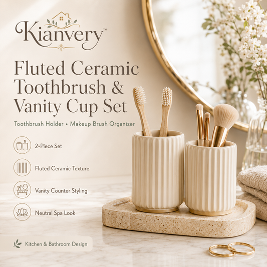 Kianvery™ Fluted Ceramic Toothbrush & Vanity Cup Set Bathroom Counter Toothbrush Holder, Makeup Brush Organizer, Tumbler Cup, Modern Guest Bath Accessories