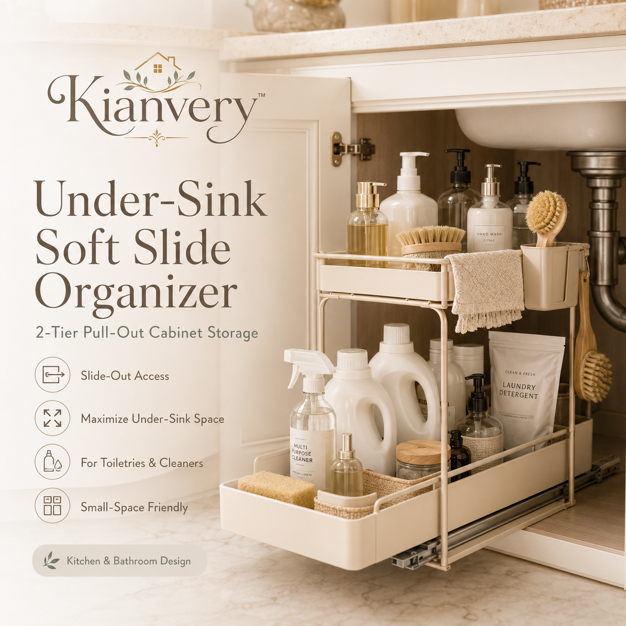 Kianvery™ Under-Sink Soft Slide Organizer 2-Tier Bathroom Cabinet Storage, Kitchen Cleaning Supply Rack, Pull-Out Basket, Small Space Organizer