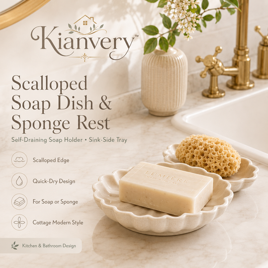 Kianvery™ Scalloped Soap Dish & Sponge Rest Bathroom Soap Holder, Kitchen Sponge Tray, Self-Draining Ceramic Dish, Cottage Modern Counter Decor