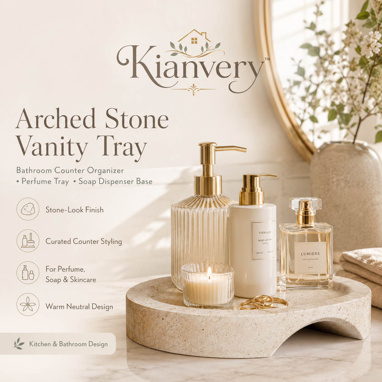 Kianvery™ Arched Stone-Look Vanity Tray Bathroom Counter Organizer, Perfume Tray, Soap Dispenser Base, Guest Bath Decor, Warm Sand Finish