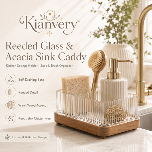 Kianvery™ Reeded Glass & Acacia Sink Caddy Kitchen Sponge Holder, Soap Brush Organizer, Self-Draining Sink Tray, Countertop Storage, Warm Wood Accent