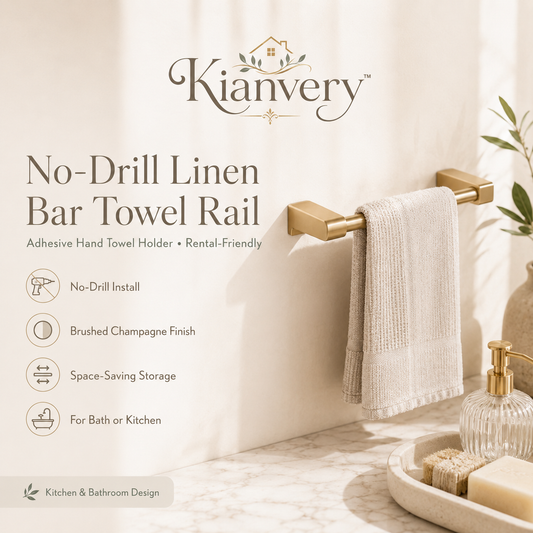 Kianvery™ No-Drill Linen Bar Towel Rail Adhesive Hand Towel Holder, Bathroom Wall Rack, Kitchen Tea Towel Bar, Rental-Friendly Hardware, Brushed Champagne