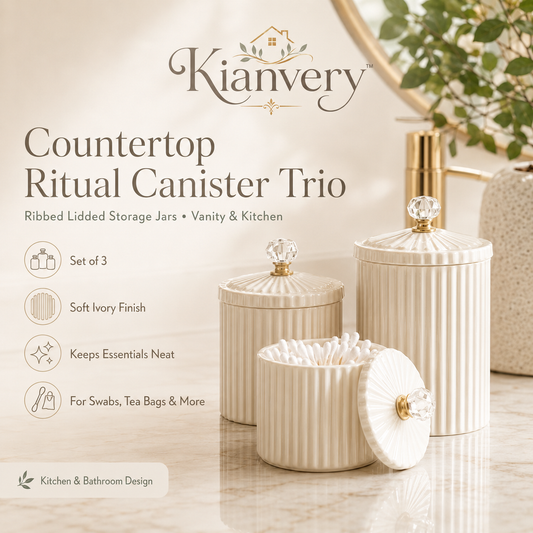 Kianvery™ Countertop Ritual Canister Trio Bathroom Cotton Swab Jar Set, Kitchen Tea Bag Storage, Vanity Organizer, Ribbed Lidded Containers, Soft Ivory
